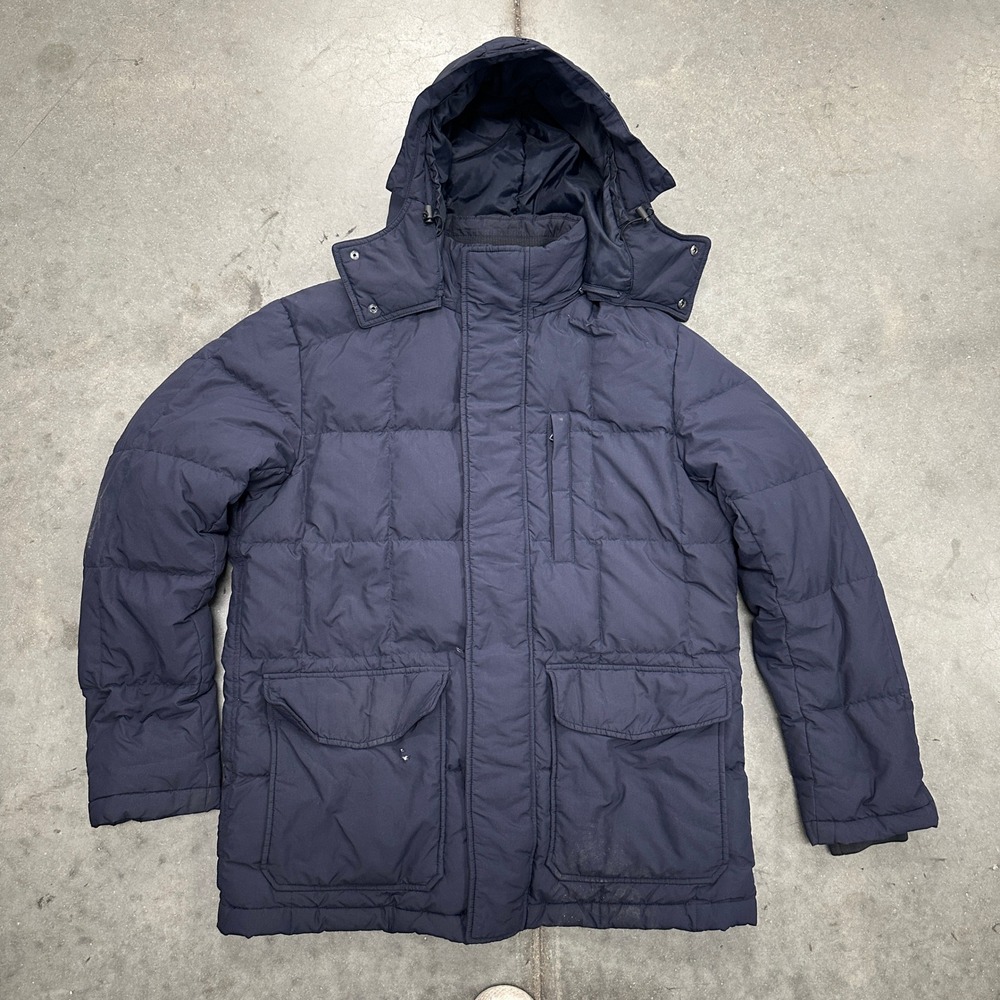 Uniqlo Mens Navy Blue Down Filled Puffer Parka Jacket Removable Hood Medium